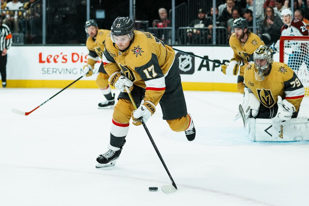 Vegas Golden Knights defenseman Ben Hunton (17) takes the puck away from the goal during third period of NHL game against Colorado Avalanche on Saturday, Dec. 27, 2025 at T-Mobile Arena in Las Vegas.