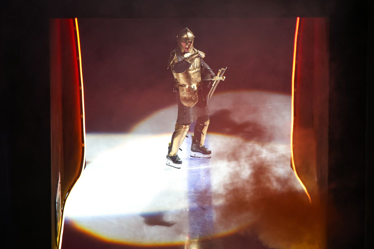 The Golden Knight stands in front of the Elvis Helmet prior to an NHL game against the Minnesota Wild on Monday December 29, 2025, in Las Vegas, Nevada. 