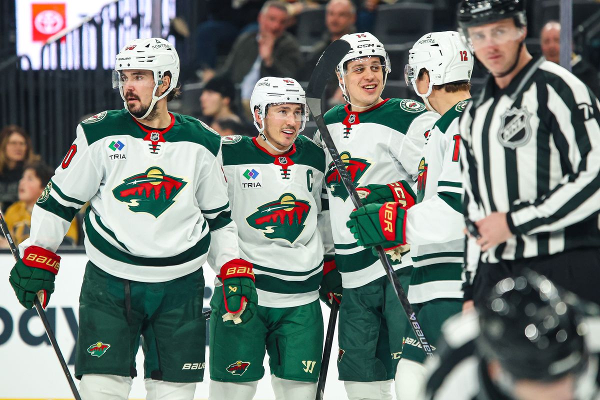 Minnesota Wild D Jared Spurgeon (46) celebrates with his teammates after scoring a goal against the Vegas Golden Knights on Monday December 29, 2025, in Las Vegas, Nevada. 