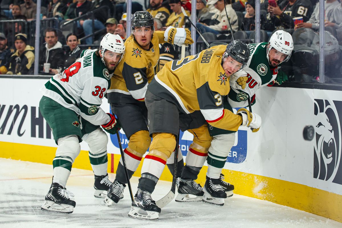 Vegas Golden Knights and Minnesota Wild players watch for a puck during an NHL game on Monday December 29, 2025, in Las Vegas, Nevada. 