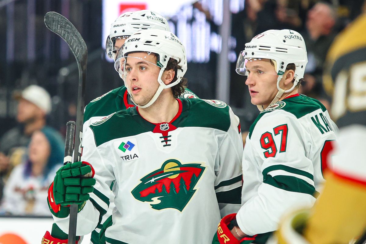Minnesota Wild D Brock Faber (7) reacts after scoring a goal against the Vegas Golden Knights on Monday December 29, 2025, in Las Vegas, Nevada. 