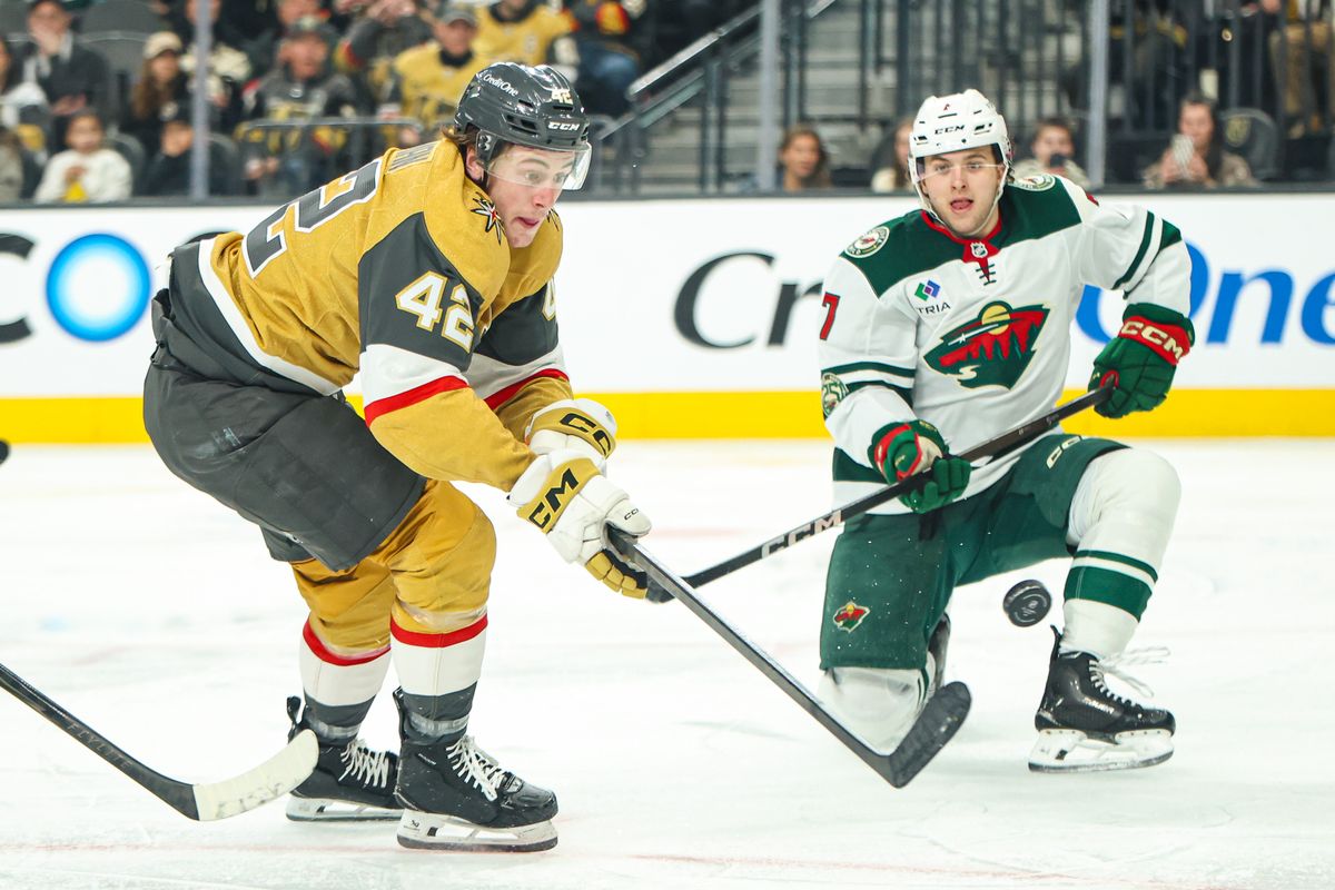 Vegas Golden Knights F Braeden Bowman (42) reacts to the puck during an NHL game against the Minnesota Wild on Monday December 29, 2025, in Las Vegas, Nevada. 