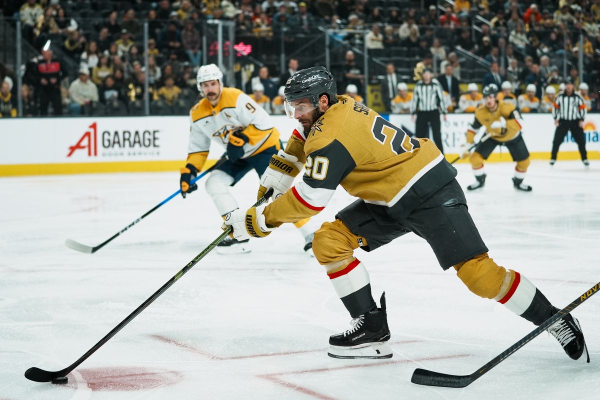 Vegas Golden Knights left wing Brandon Saad skates the puck down the ice during first period of NHL game against Nashville Predators on Wed. Dec. 31, 2025 at T-Mobile Arena in Las Vegas.