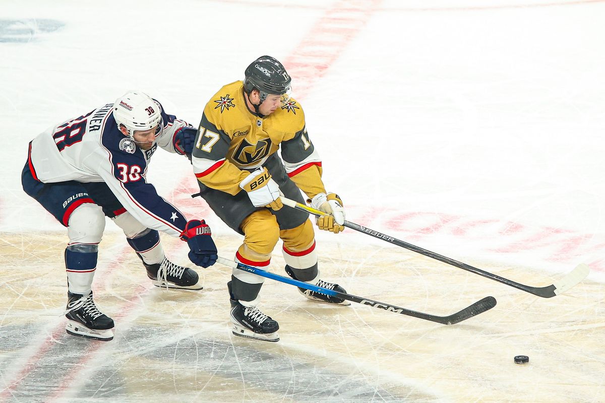 Vegas Golden Knights D Ben Hutton (17) skates with the puck through center ice during an NHL game against the Columbus Blue Jackets on Thursday January 8, 2026, in Las Vegas, Nevada. 
