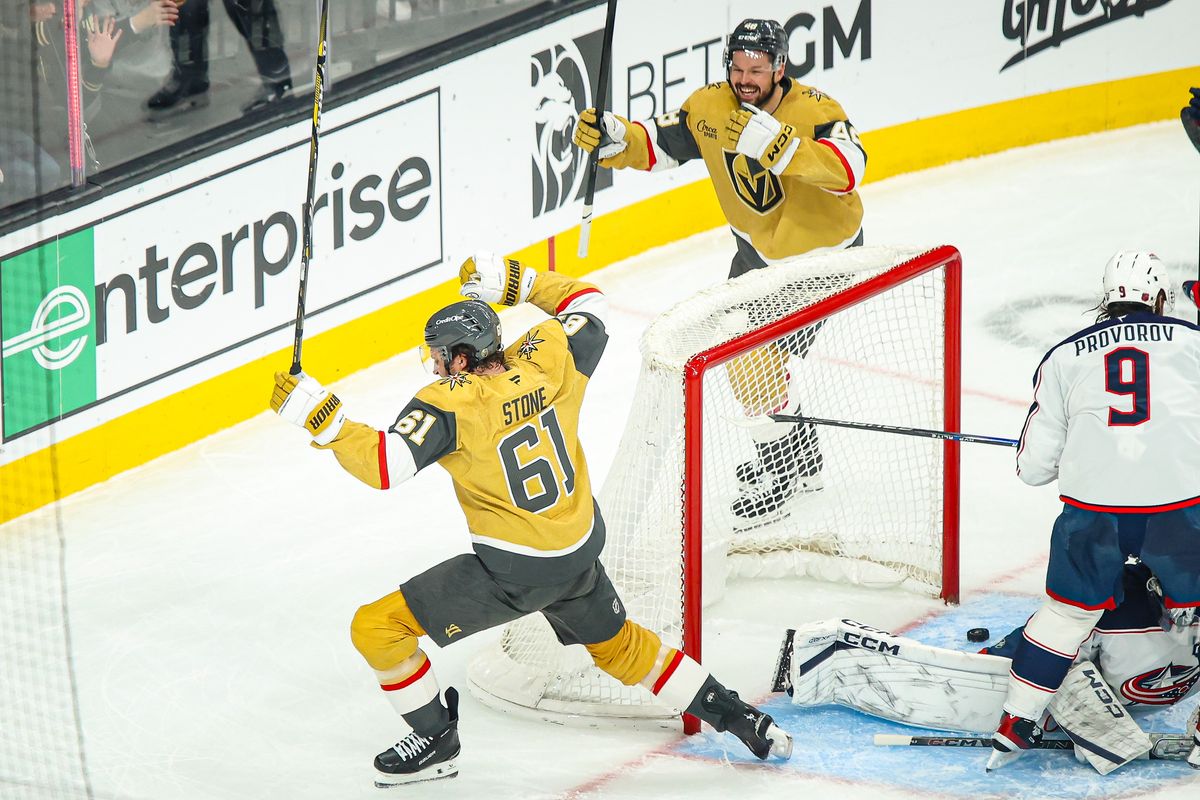 Vegas Golden Knights F Mark Stone (61) celebrates after scoring a goal against the Columbus Blue Jackets on Thursday January 8, 2026, in Las Vegas, Nevada. 