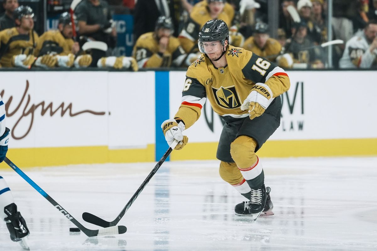 Vegas Golden Knights right wing Pavel Dorofeyev (16) takes the puck down the ice during first period of NHL game against Toronto Maple Leafs on Thursday Jan. 15, 2026 at T-Mobile Arena in Las Vegas.