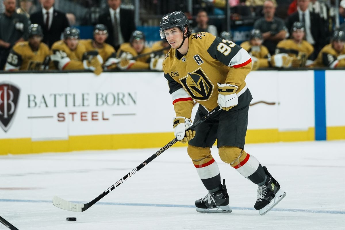 Vegas Golden Knights right wing Mitch Marner (93) takes the puck down the ice during first period of NHL game against Toronto Maple Leafs game on Thursday Jan. 15, 2026 at T-Mobile Arena in Las Vegas.
