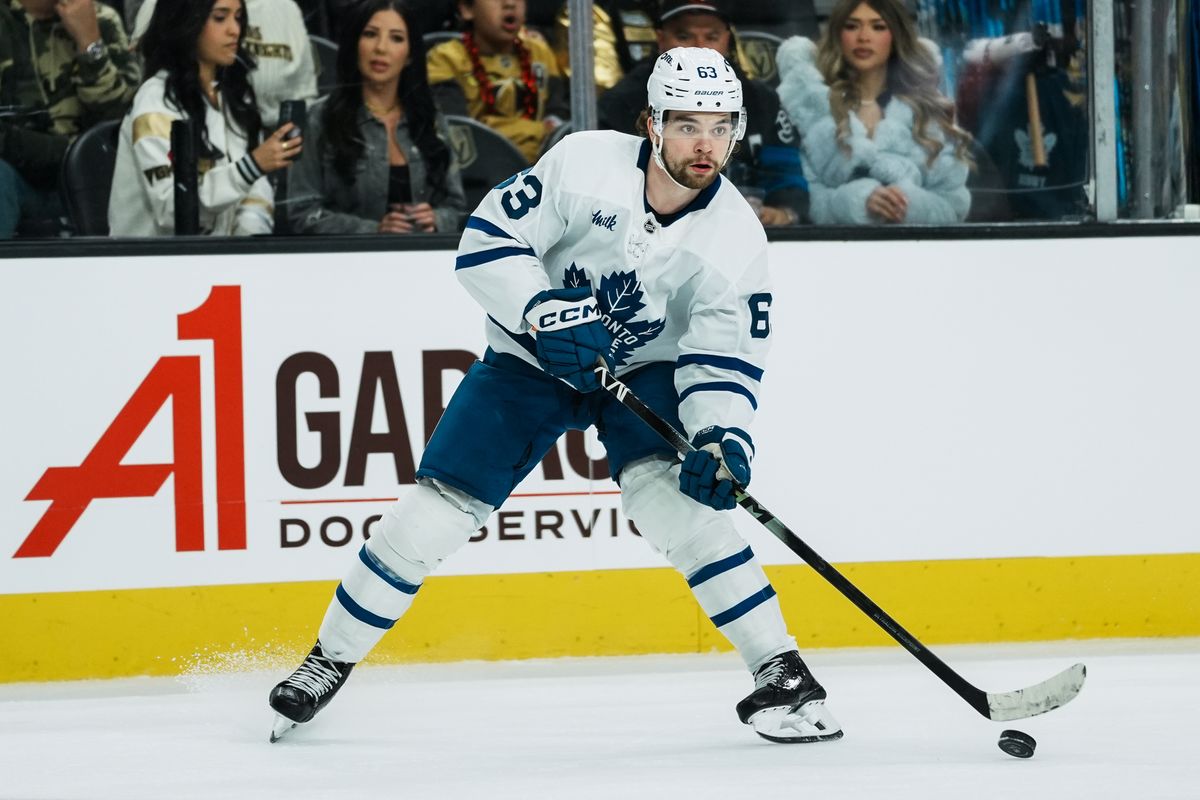 Toronto Maple Leafs left wing Matias Maccelli (63) scans the ice during second period of NHL game against Vegas Golden Knights on Thursday Jan. 15, 2026 at T-Mobile Arena in Las Vegas.