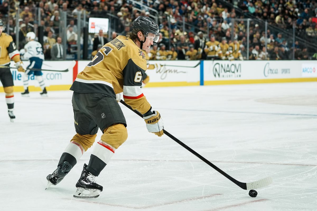 Vegas Golden Knights defensemen Kaeden Korczak (6) takes the puck down the ice during NHL game against Toronto Maple Leaves on Thursday Jan. 15, 2026 at T-Mobile Arena in Las Vegas.