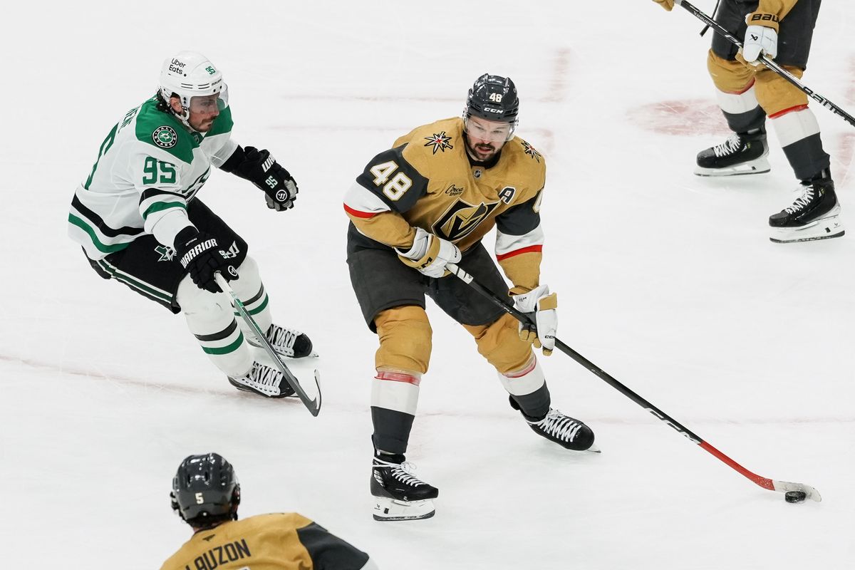 Golden Knights center Tomas Hertl (48) prepares to pass the puck while attempting to escape Stars Matt Duchene (48) during first period of NHL game against Dallas Stars on Thursday Jan. 29, 2026 at T-Mobile Arena in Las Vegas.
