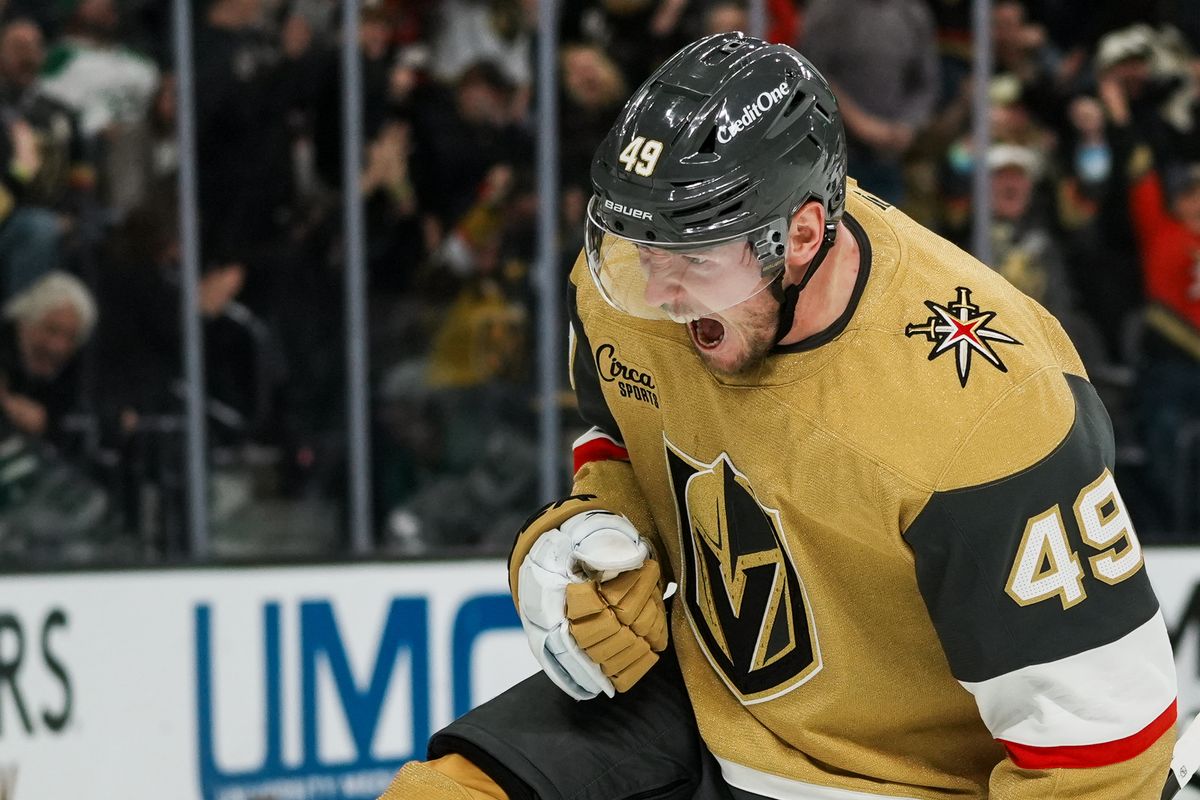 Golden Knights left wing Ivan Barbashev (49) celebrates after scoring a goal during third period of NHL game against Dallas Stars on Thursday Jan. 29, 2026 at T-Mobile Arena in Las Vegas.