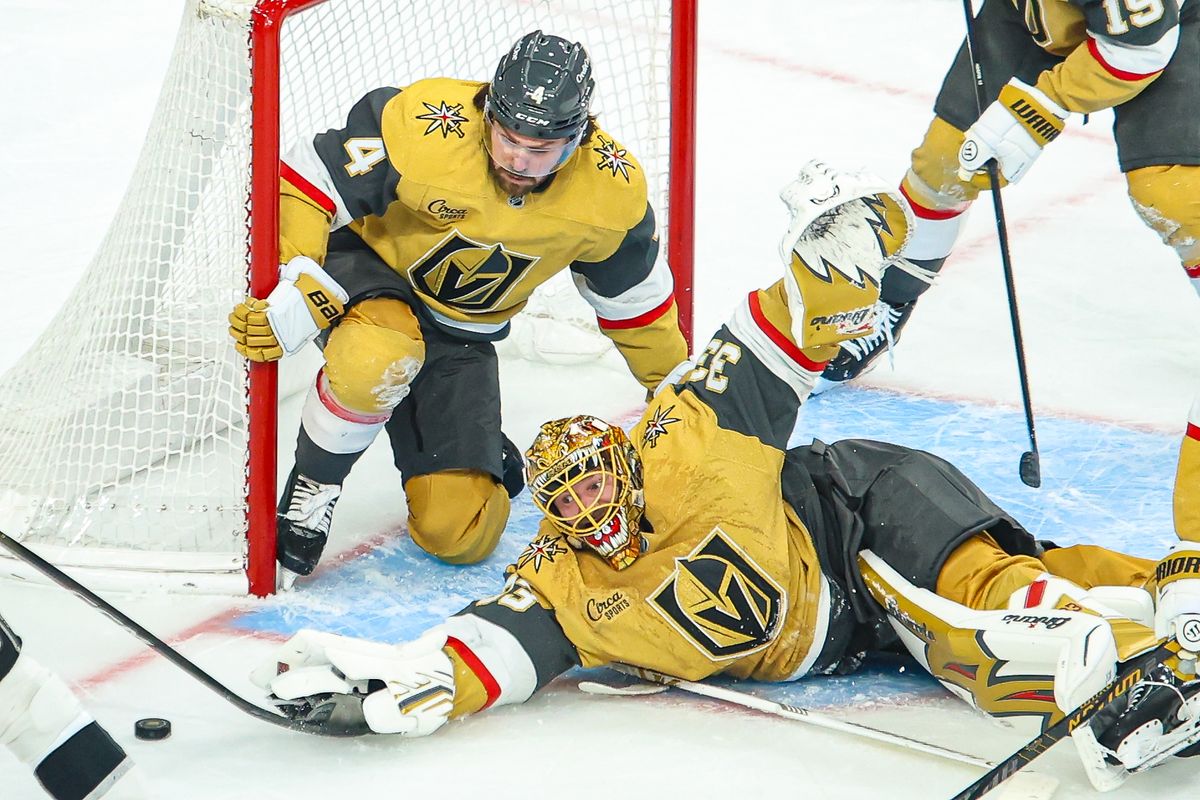 Vegas Golden Knights G Adin Hill (33) reaches for the puck during an NHL game against the Los Angeles Kings on Thursday February 5, 2026, in Las Vegas, Nevada. 