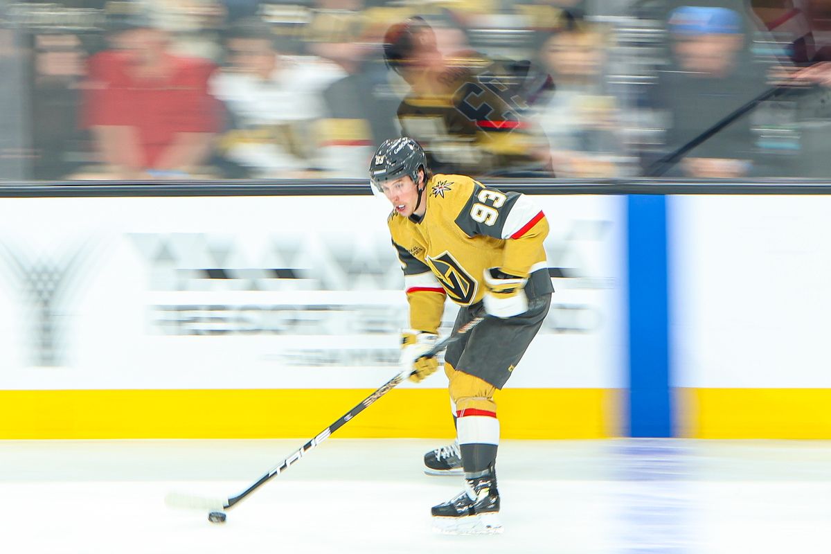 Vegas Golden Knights F Mitch Marner (93) skates with the puck during an NHL game against the Los Angeles Kings on Thursday February 5, 2026, in Las Vegas, Nevada. 
