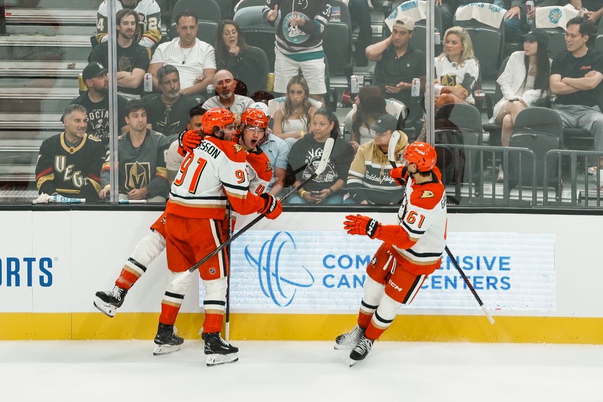 Anaheim Ducks center Leo Carlson (91),right wing Beckett Sennecke (45) and left wing Cutter Gauthier (61) celebrate a goal during first period of NHL game against Vegas Golden Knights on Friday October 2, 2026 at T-Mobile Arena in Las Vegas. Anaheim Ducks center Leo Carlson (91),right wing Beckett Sennecke (45) and left wing Cutter Gauthier (61) celebrate a goal during first period of NHL game against Vegas Golden Knights on Friday October 2, 2026 at T-Mobile Arena in Las Vegas.