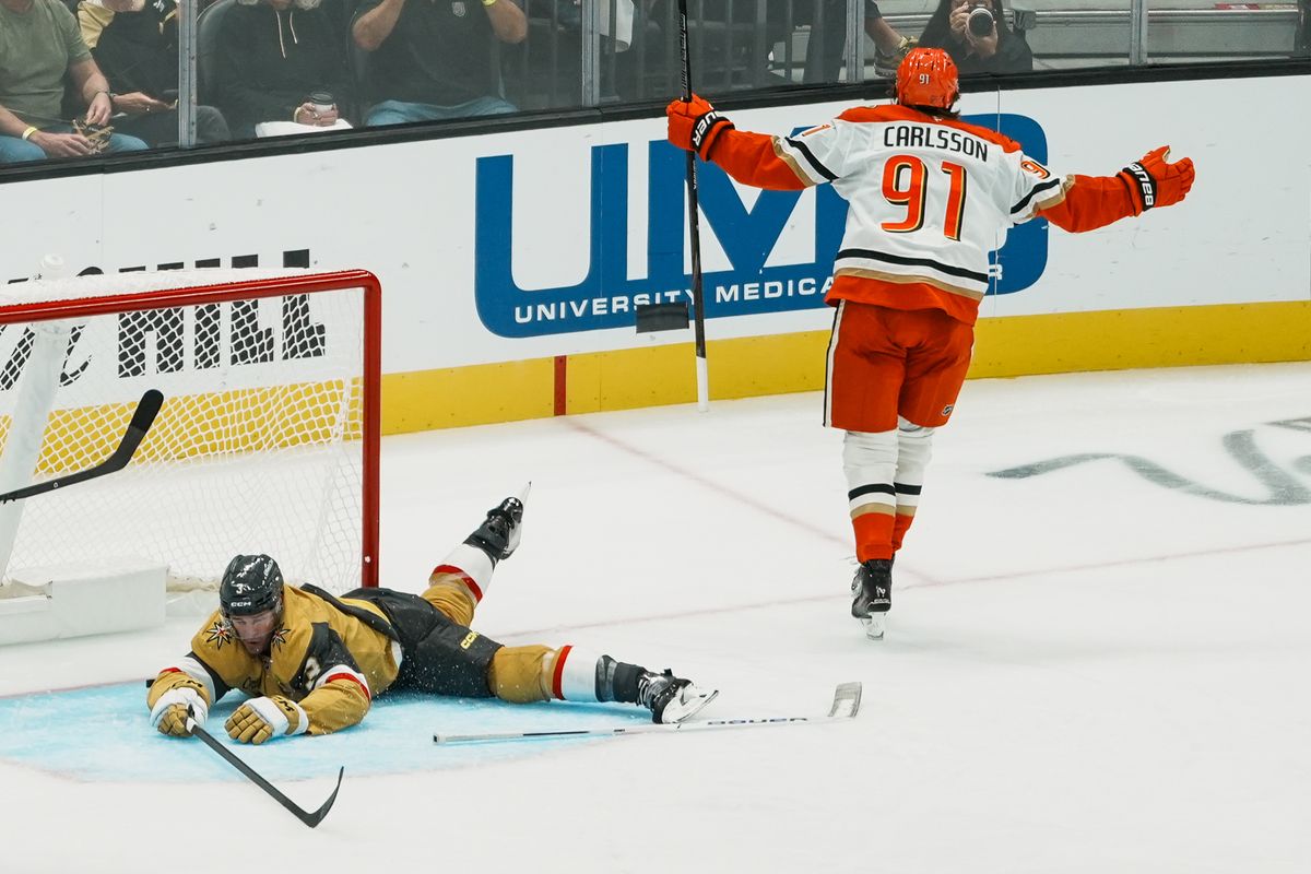 Vegas Golden Knights goalie Carter Hart (79) lays on the ground after Anaheim Ducks center Leo Carlsson (91) scores on him during second period of NHL game against Anaheim Ducks on Friday October 2, 2026 at T-Mobile Arena in Las Vegas. Vegas Golden Knights goalie Carter Hart (79) lays on the ground after Anaheim Ducks center Leo Carlsson (91) scores on him during second period of NHL game against Anaheim Ducks on Friday October 2, 2026 at T-Mobile Arena in Las Vegas.