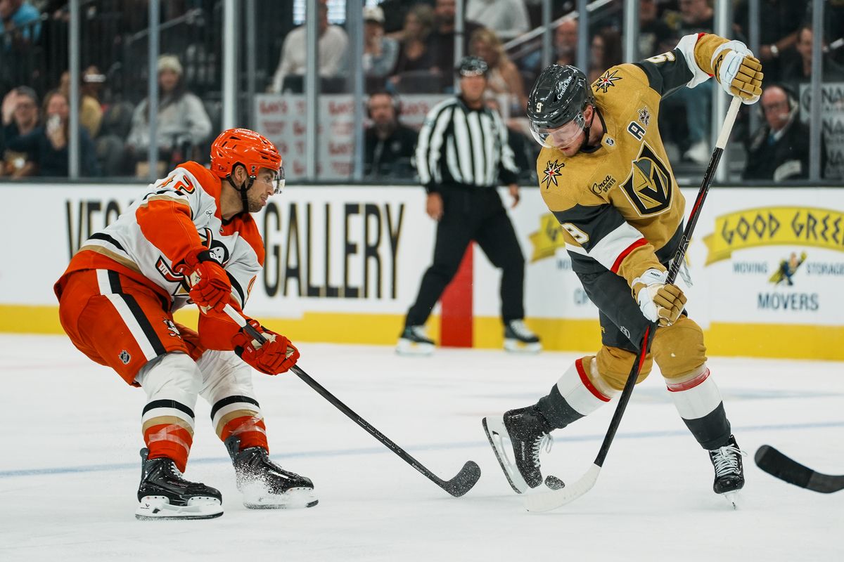 Vegas Golden Knights center Jack Eichel skates the puck down the ice while Anaheim Ducks Tim Washe (42) follows behind during third period of NHL game against Anaheim Ducks on Friday October 2, 2026 at T-Mobile Arena in Las Vegas. Vegas Golden Knights center Jack Eichel skates the puck down the ice while Anaheim Ducks Tim Washe (42) follows behind during third period of NHL game against Anaheim Ducks on Friday October 2, 2026 at T-Mobile Arena in Las Vegas.