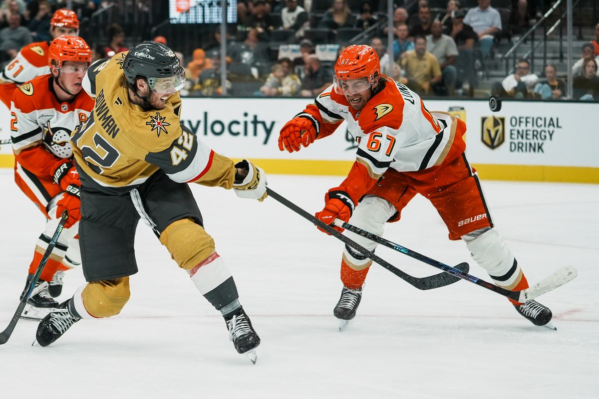 Vegas Golden Knights right wing Braeden Bowman (42) shoots the puck past Anaheim Ducks defenseman Tristan Luneau (67) during third period of NHL game against Anaheim Ducks on Friday October 2, 2026 at T-Mobile Arena in Las Vegas. Vegas Golden Knights right wing Braeden Bowman (42) shoots the puck past Anaheim Ducks defenseman Tristan Luneau (67) during third period of NHL game against Anaheim Ducks on Friday October 2, 2026 at T-Mobile Arena in Las Vegas.