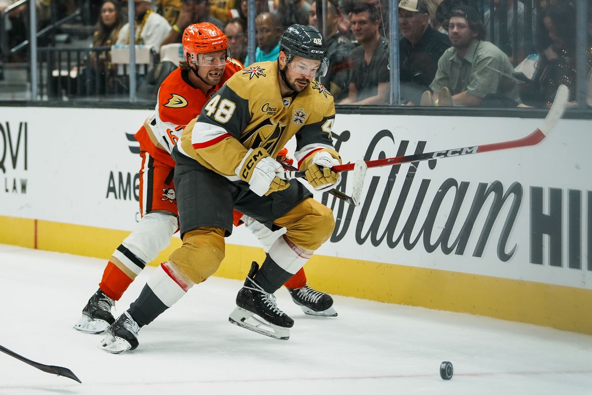 Vegas Golden Knights center Tomas Hertl (48) and Ducks defenseman Tristan Luneau (67) chase the puck around the goal during third period of NHL game against Anaheim Ducks on Friday October 2, 2026 at T-Mobile Arena in Las Vegas. Vegas Golden Knights center Tomas Hertl (48) and Ducks defenseman Tristan Luneau (67) chase the puck around the goal during third period of NHL game against Anaheim Ducks on Friday October 2, 2026 at T-Mobile Arena in Las Vegas.