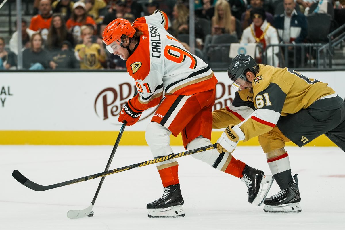 Vegas Golden Knights right wing Mark Stone (61) reaches for the puck while Anaheim Ducks center Leo Carlsson (91) skates it down the ice during third period of NHL game against Anaheim Ducks on Friday October 2, 2026 at T-Mobile Arena in Las Vegas. Vegas Golden Knights right wing Mark Stone (61) reaches for the puck while Anaheim Ducks center Leo Carlsson (91) skates it down the ice during third period of NHL game against Anaheim Ducks on Friday October 2, 2026 at T-Mobile Arena in Las Vegas.