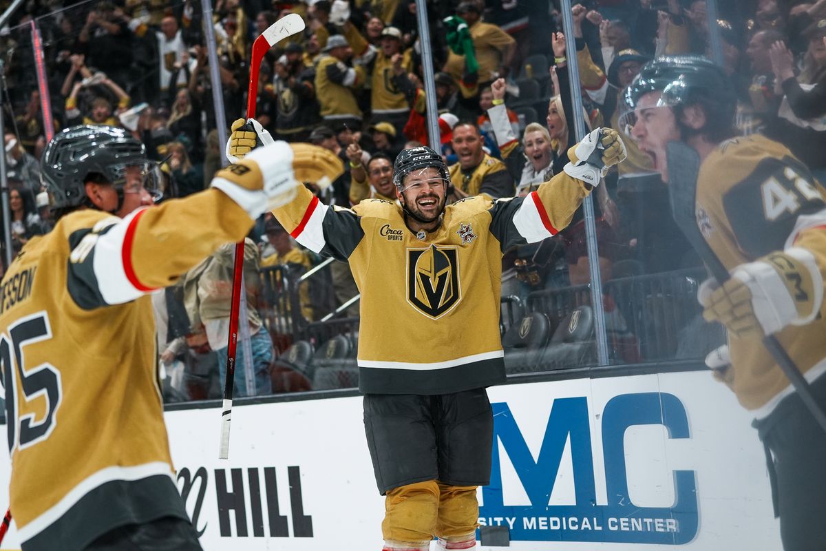 Vegas Golden Knights left wing Victor Olofsson (95), center Tomas Hertl (48) and right wing Braeden Bowman (42) celebrate a goal during third period of NHL game against Anaheim Ducks on Friday October 2, 2026 at T-Mobile Arena in Las Vegas. Vegas Golden Knights left wing Victor Olofsson (95), center Tomas Hertl (48) and right wing Braeden Bowman (42) celebrate a goal during third period of NHL game against Anaheim Ducks on Friday October 2, 2026 at T-Mobile Arena in Las Vegas.