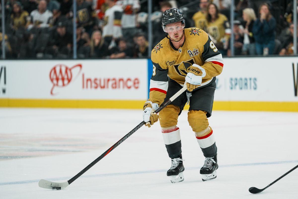 Vegas Golden Knights center Jack Eichel (9) scans the ice during third period of NHL game against Anaheim Ducks on Friday October 2, 2026 at T-Mobile Arena in Las Vegas. Vegas Golden Knights center Jack Eichel (9) scans the ice during third period of NHL game against Anaheim Ducks on Friday October 2, 2026 at T-Mobile Arena in Las Vegas.