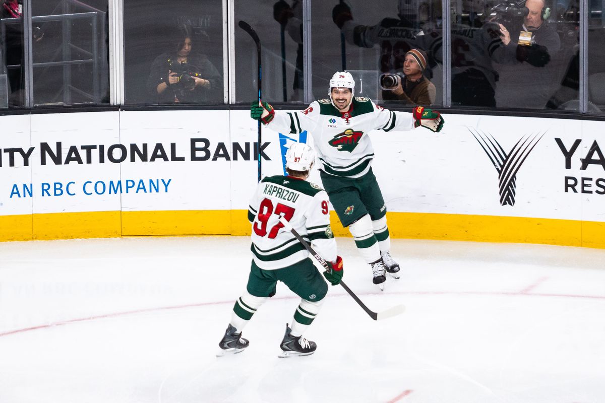 Minnesota Wild right-wing Mats Zuccarello (36) celebrates after scoring a goal during a NHL game between the Vegas Golden Knights and the Minnesota Wild, Friday March 6, 2026 in Las Vegas, Nev.