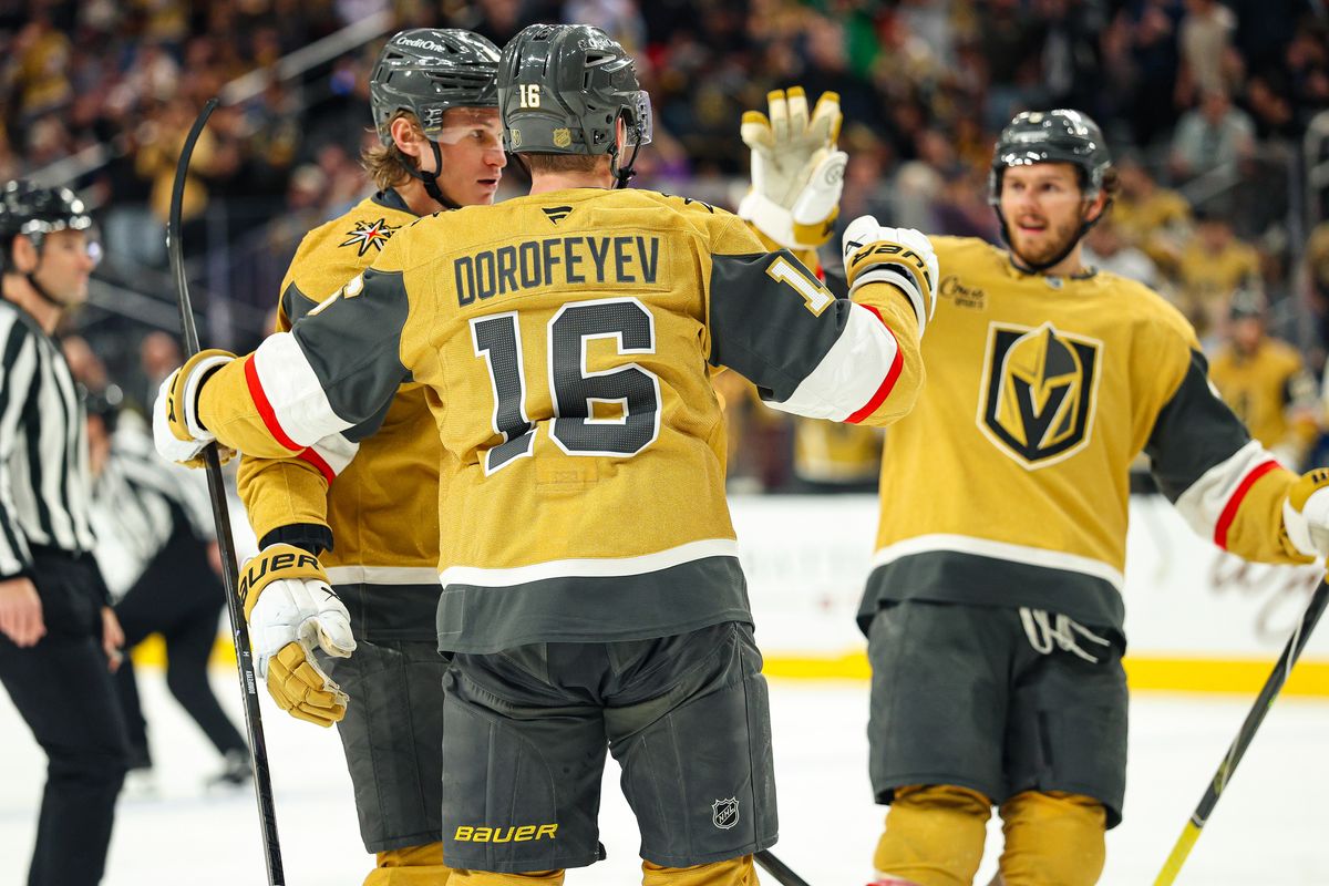 Vegas Golden Knights F Pavel Dorofeyev (16) celebrates with his teammates after scoring a goal against the Pittsburgh Penguins on Thursday, March 12, 2026, in Las Vegas, Nevada. 