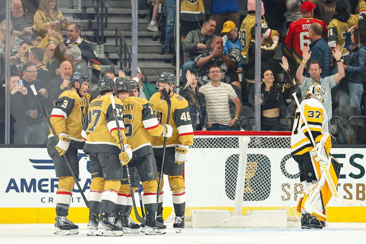 Vegas Golden Knights F Pavel Dorofeyev (16) celebrates with his teammates after scoring his second goal of the night against the Pittsburgh Penguins on Thursday, March 12, 2026, in Las Vegas, Nevada. 