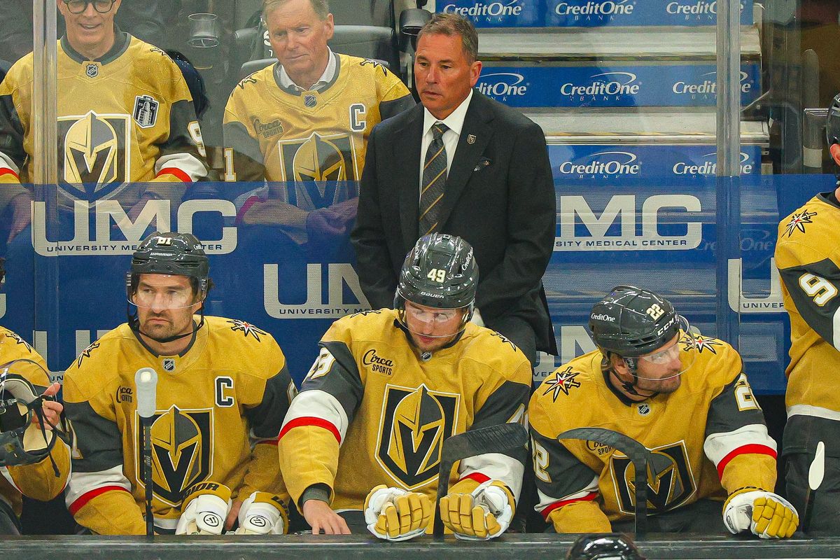 Vegas Golden Knights head coach Bruce Cassidy seen during an NHL game against the Edmonton Oilers on Thursday, March 26, 2026, in Las Vegas, Nevada. Vegas Golden Knights head coach Bruce Cassidy seen during an NHL game against the Edmonton Oilers on Thursday, March 26, 2026, in Las Vegas, Nevada.