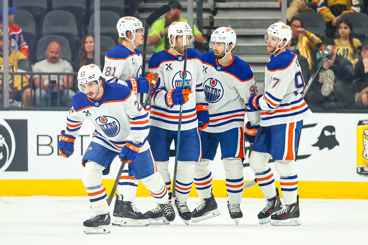 Edmonton Oilers F Matt Savoie (22) skates towards his bench after scoring a goal against the Vegas Golden Knights on Thursday, March 26, 2026, in Las Vegas, Nevada. Edmonton Oilers F Matt Savoie (22) skates towards his bench after scoring a goal against the Vegas Golden Knights on Thursday, March 26, 2026, in Las Vegas, Nevada.
