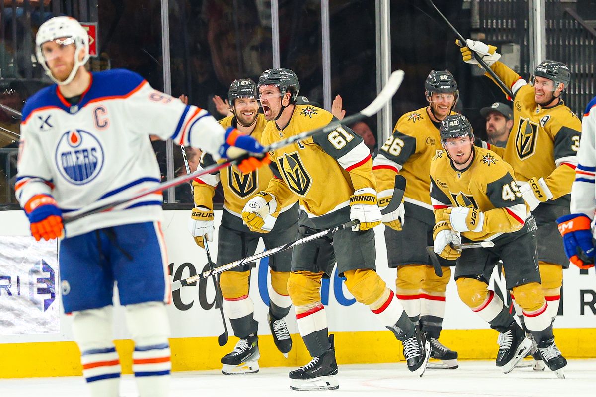Vegas Golden Knights F Mark Stone (61) reacts after scoring a goal against the Edmonton Oilers on Thursday, March 26, 2026, in Las Vegas, Nevada. Vegas Golden Knights F Mark Stone (61) reacts after scoring a goal against the Edmonton Oilers on Thursday, March 26, 2026, in Las Vegas, Nevada.