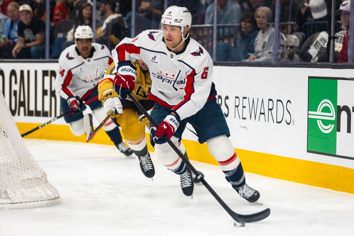 Washington Capitals defenseman Jacob Chychrun (6) skates the puck behind the net during a NHL game between the Vegas Golden Knights and the Washington Capitals, Saturday March 28, 2026 in Las Vegas, Nev. Washington Capitals defenseman Jacob Chychrun (6) skates the puck behind the net during a NHL game between the Vegas Golden Knights and the Washington Capitals, Saturday March 28, 2026 in Las Vegas, Nev.