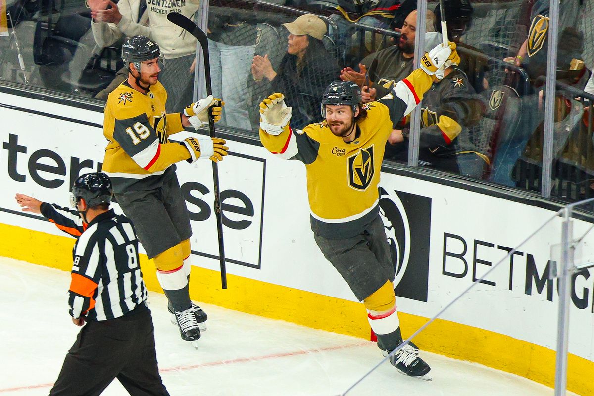 Vegas Golden Knights D Rasmus Andersson (4) celebrates after scoring a goal against the Vancouver Canucks on Monday, March 30, 2026, in Las Vegas, Nevada. 