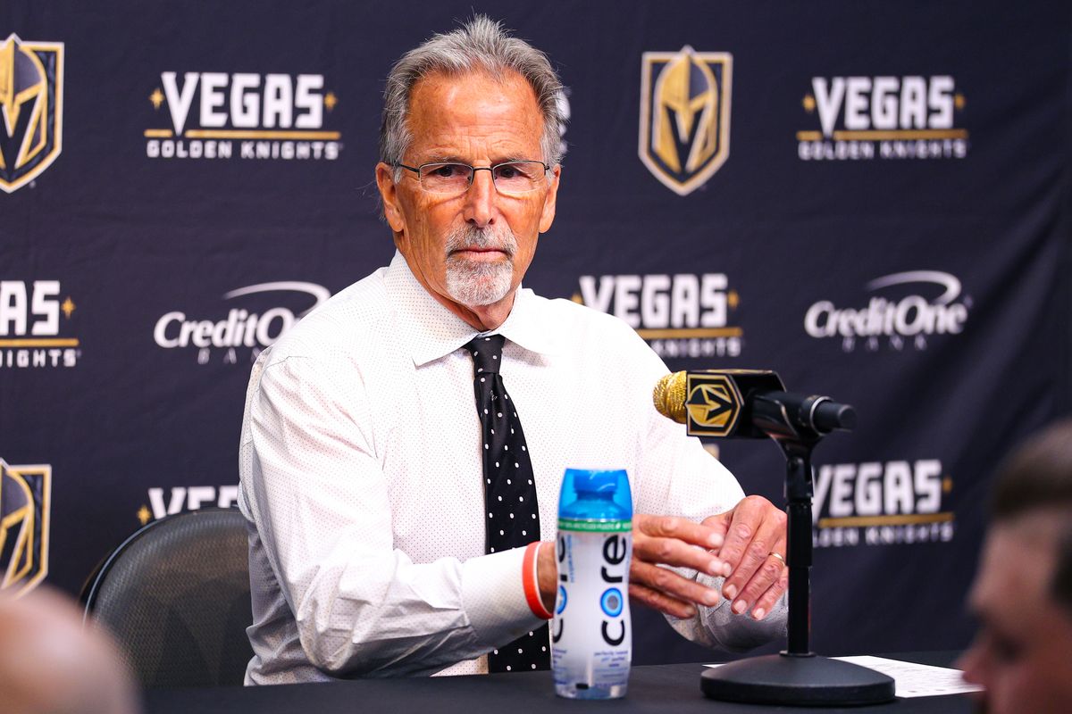 Vegas Golden Knights head coach John Tortorella speaks to the media after a victory against the Vancouver Canucks on Monday, March 30, 2026, in Las Vegas, Nevada. 