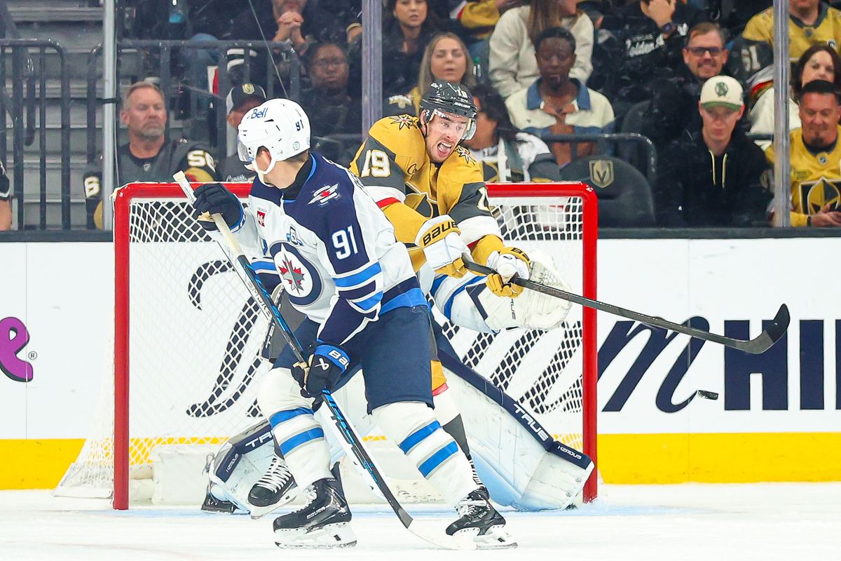 Vegas Golden Knights F Reilly Smith (19) tips a puck on net during an NHL game against the Winnipeg Jets on Monday, April 13, 2026, in Las Vegas, Nevada. 