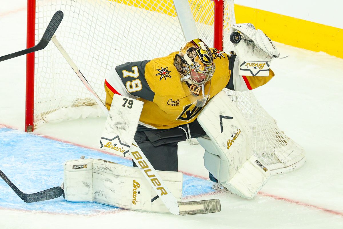 Vegas Golden Knights G Carter Hart (79) makes a glove save during an NHL game against the Seattle Kraken on Wednesday, April 15, 2026, in Las Vegas, Nevada. Vegas Golden Knights G Carter Hart (79) makes a glove save during an NHL game against the Seattle Kraken on Wednesday, April 15, 2026, in Las Vegas, Nevada.