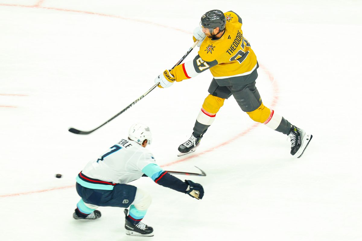 Vegas Golden Knights D Shea Theodore (27) scores a goal against the Seattle Kraken on Wednesday, April 15, 2026, in Las Vegas, Nevada. Vegas Golden Knights D Shea Theodore (27) scores a goal against the Seattle Kraken on Wednesday, April 15, 2026, in Las Vegas, Nevada.