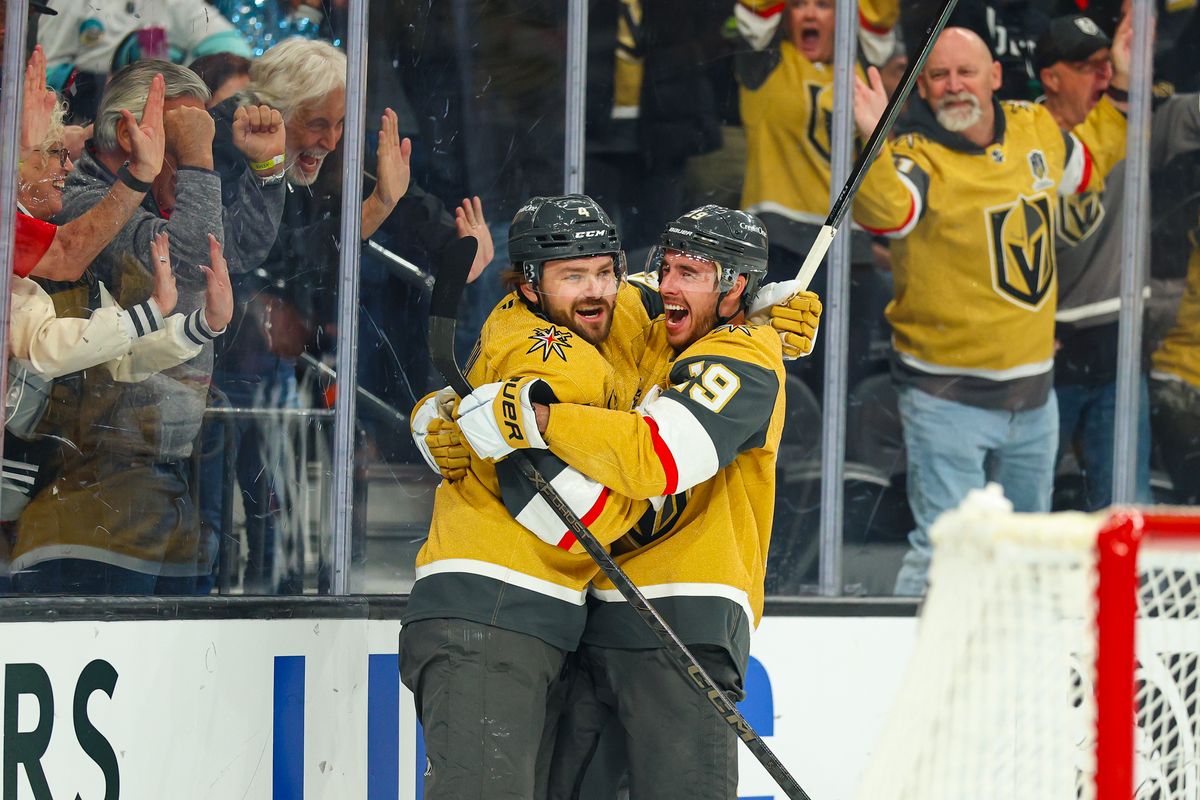 Vegas Golden Knights F Reilly Smith (19) celebrates with his teammate D Rasmus Andersson (4) after scoring a goal in the third period of an NHL game against the Seattle Kraken on Wednesday, April 15, 2026, in Las Vegas, Nevada. Vegas Golden Knights F Reilly Smith (19) celebrates with his teammate D Rasmus Andersson (4) after scoring a goal in the third period of an NHL game against the Seattle Kraken on Wednesday, April 15, 2026, in Las Vegas, Nevada.