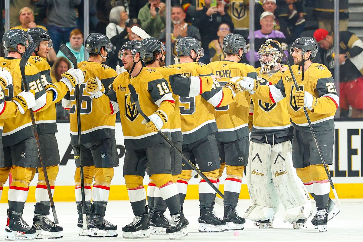 The Vegas Golden Knights celebrate after defeating the Seattle Kraken on Wednesday, April 15, 2026, in Las Vegas, Nevada. The Vegas Golden Knights celebrate after defeating the Seattle Kraken on Wednesday, April 15, 2026, in Las Vegas, Nevada.