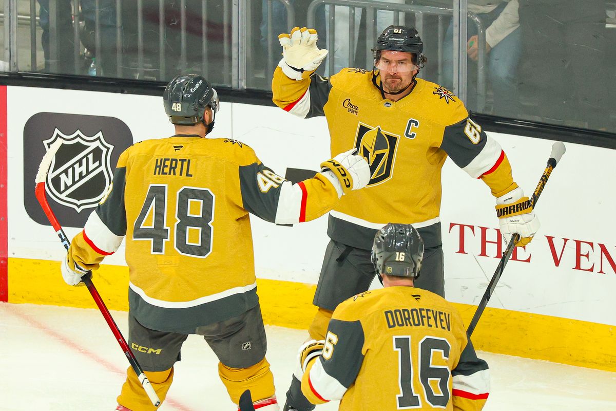 Vegas Golden Knights F Mark Stone (61) high fives his teammate F Tomas Hertl (48) after scoring a goal against the Utah Mammoth during Round 1 of the NHL Playoffs on Sunday, April 19, 2026, in Las Vegas, Nevada. 