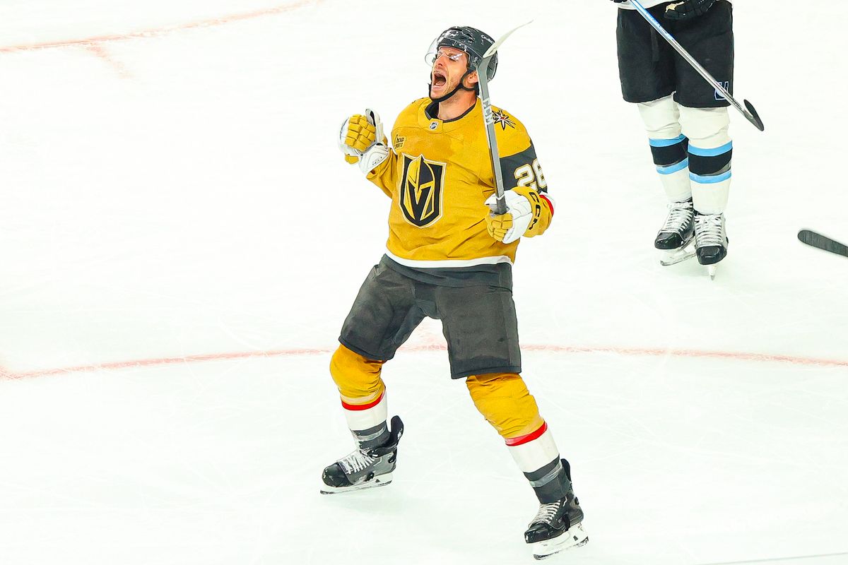 Vegas Golden Knights F Nic Dowd (26) roars after he scores the go-ahead goal against the Utah Mammoth in Round 1 of the NHL Playoffs on Sunday, April 19, 2026, in Las Vegas, Nevada. 