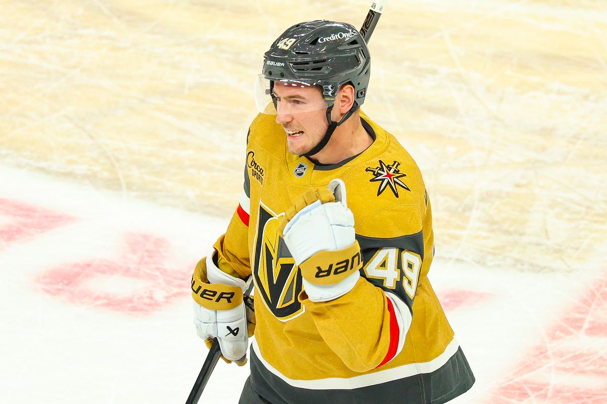 Vegas Golden Knights F Ivan Barbashev (49) reacts after he scores an empty net goal against the Utah Mammoth during Round 1 of the NHL Playoffs on Sunday, April 19, 2026, in Las Vegas, Nevada. 