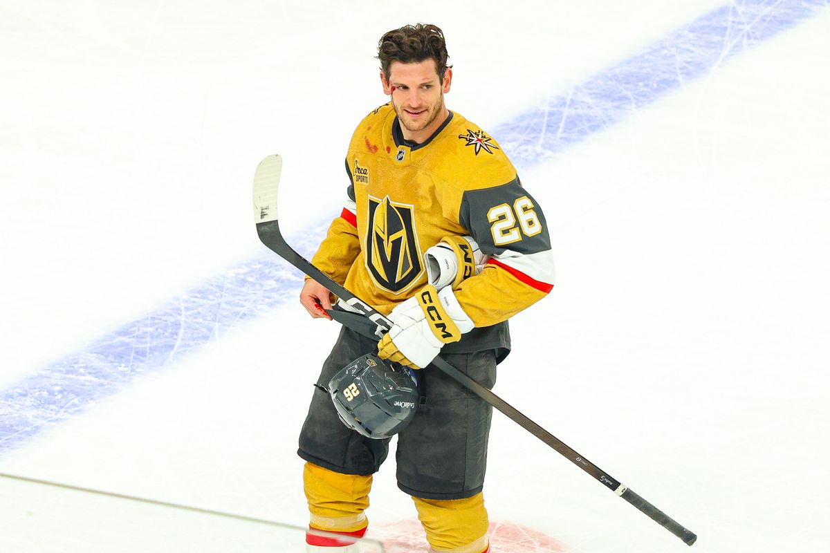 Vegas Golden Knights F Nic Dowd (26) bleeds from his forehead after being high sticked by Utah Mammoth F Logan Cooley (92) during Round 1 of the NHL Playoffs on Sunday, April 19, 2026, in Las Vegas, Nevada. 