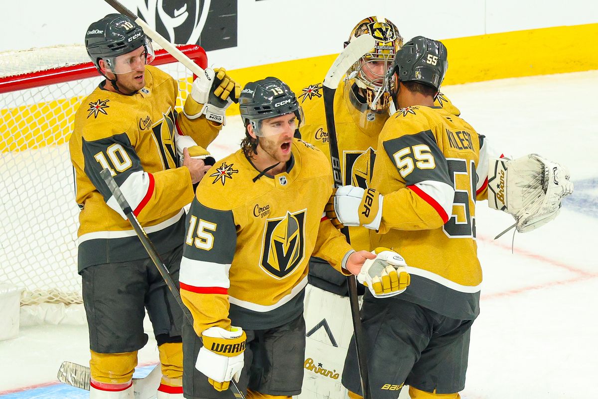Vegas Golden Knights G Carter Hart (79) celebrates with his teammates after defeating the Utah Mammoth in Round 1 of the NHL Playoffs on Sunday, April 19, 2026, in Las Vegas, Nevada. 