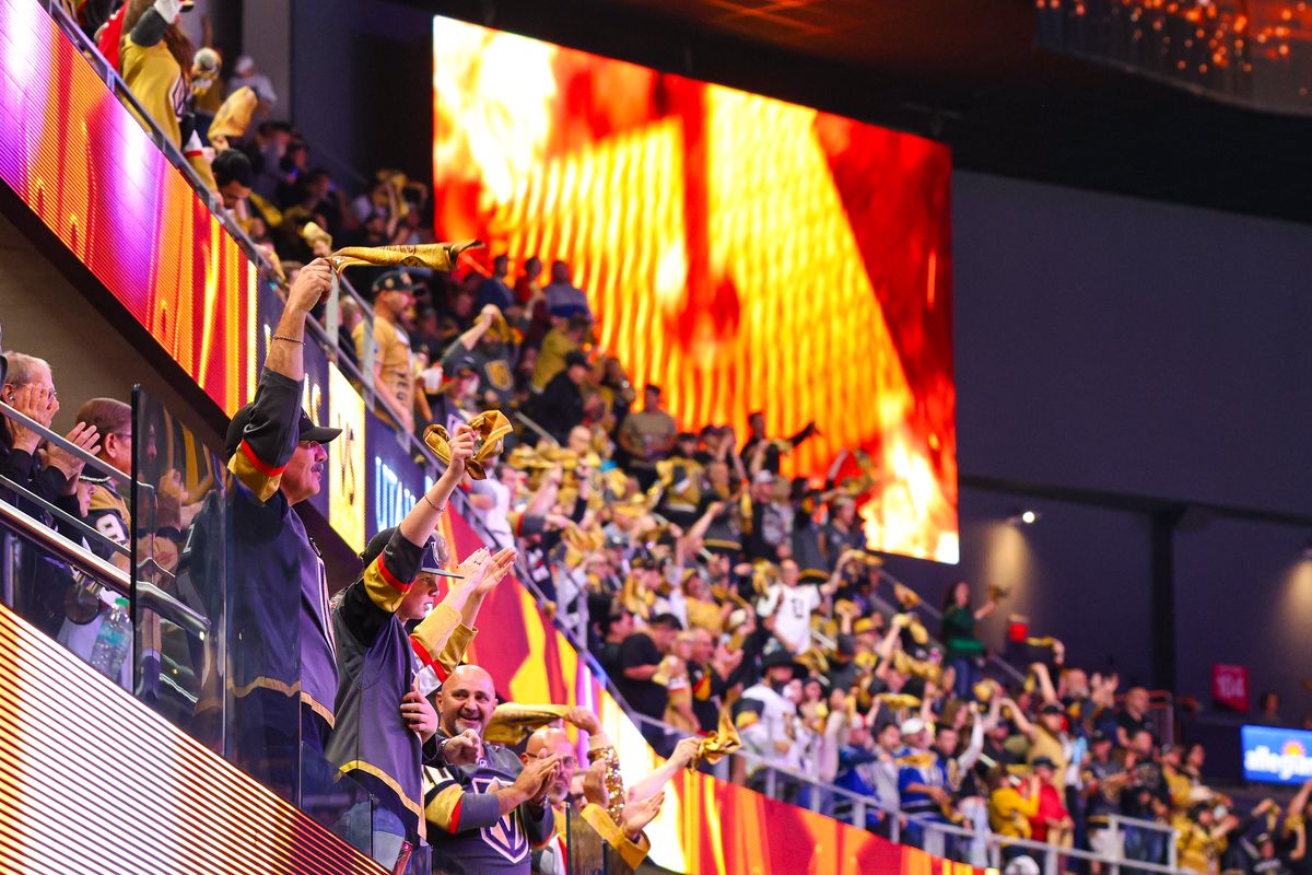 Vegas Golden Knights fans celebrate after a goal was scored in the first period of a Stanley Cup Playoff game against the Utah Mammoth on Wednesday, April 29, 2026, in Las Vegas, Nevada. 