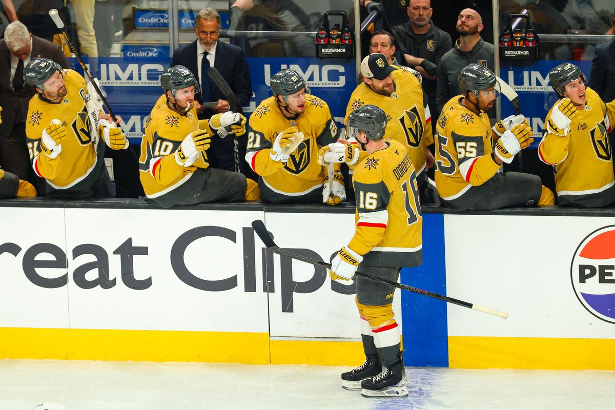 Vegas Golden Knights F Pavel Dorofeyev (16) skates past his bench after scoring his second goal of the night during a Stanley Cup Playoff game against the Utah Mammoth on Wednesday, April 29, 2026, in Las Vegas, Nevada. 