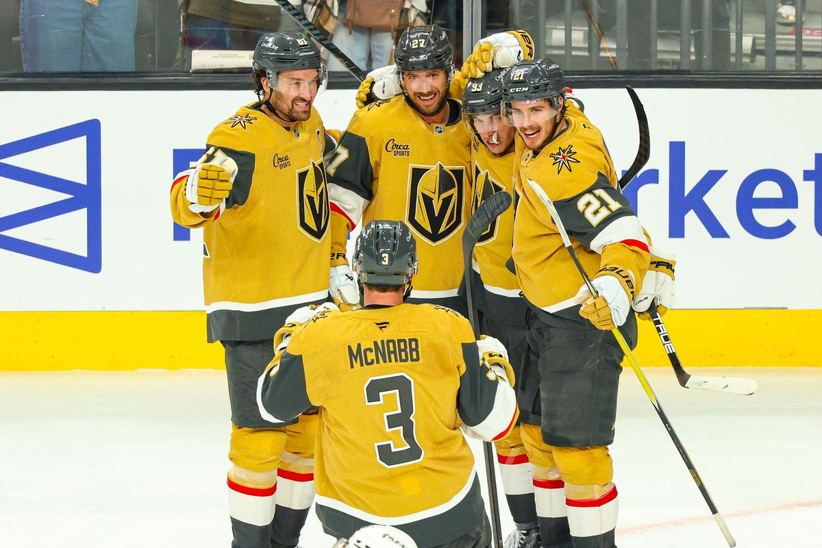 Vegas Golden Knights D Shea Theodore (27) celebrates with his teammates after scoring a goal against the Utah Mammoth in Round 1 Game 5 of the Stanley Cup Playoffs on Wednesday, April 29, 2026, in Las Vegas, Nevada. 