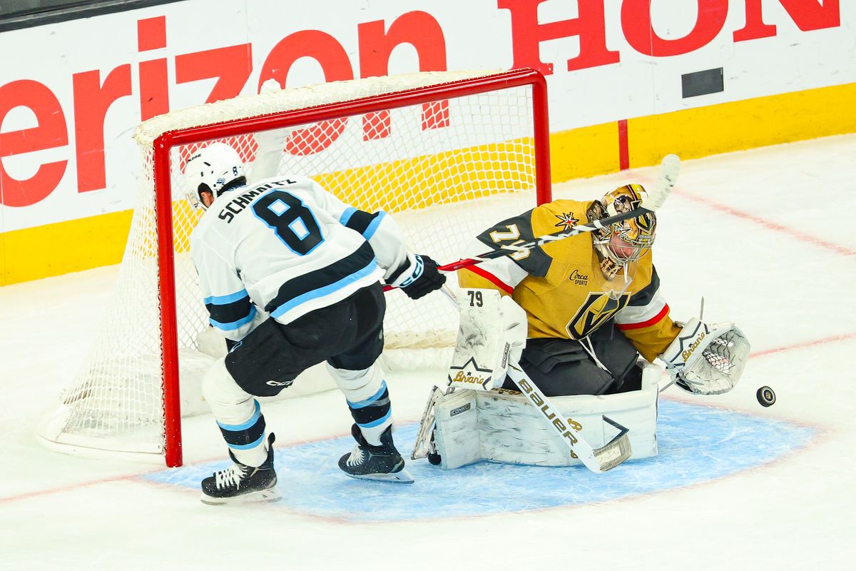 Vegas Golden Knights G Carter Hart (79) makes a save on Utah Mammoth F Nick Schmaltz (8) on a breakaway attempt on Wednesday, April 29, 2026, in Las Vegas, Nevada. 