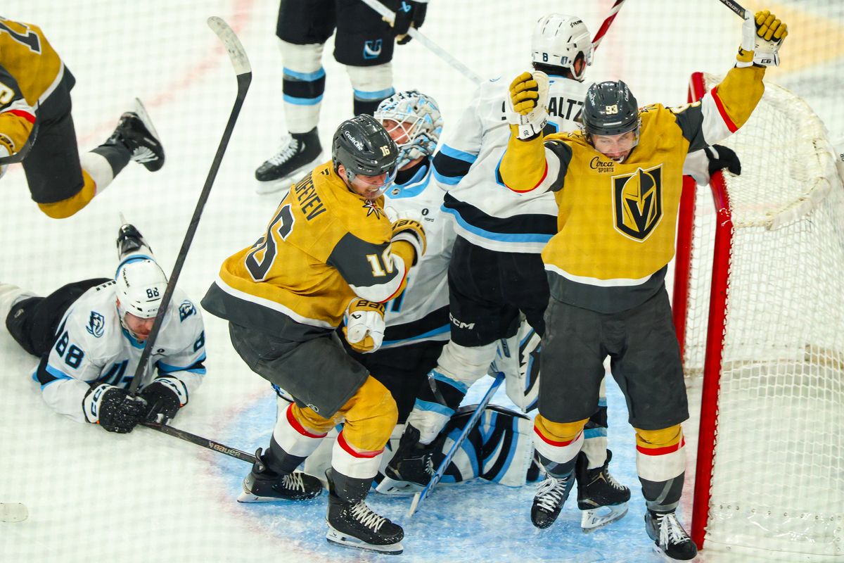 Vegas Golden Knights F Pavel Dorofeyev (16) reacts after he scores a hat trick goal to tie Round 1 Game 5 of the Stanley Cup Playoffs late in the third period on Wednesday, April 29, 2026, in Las Vegas, Nevada. 