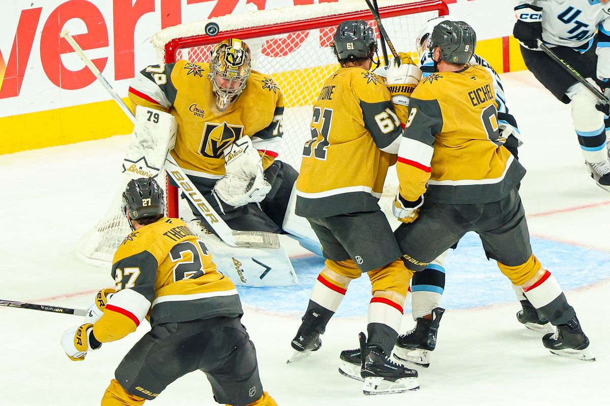 Vegas Golden Knights G Carter Hart (79) makes a save off his helmet during the first overtime period of Round 1 Game 5 of the Stanley Cup Playoffs against the Utah Mammoth on Wednesday, April 29, 2026, in Las Vegas, Nevada. 